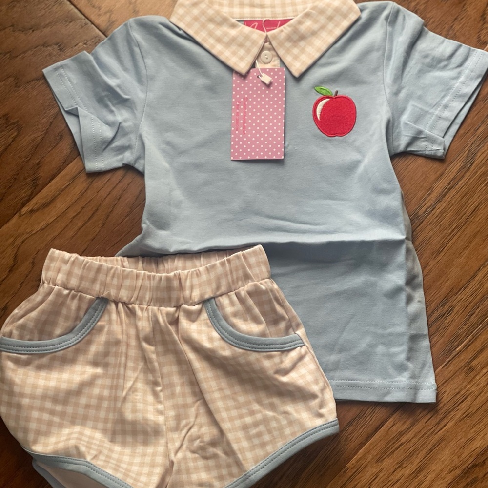 Blue and Beige Kids Matching Set with Apple Embroidery